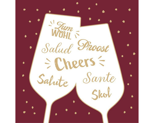 Grafische afbeelding van twee proostende wijnglazen met internationale teksten zoals Proost, Cheers en Santé.