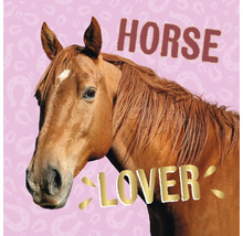 Afbeelding van een paardenhoofd met de tekst Horse Lover op een achtergrond met hoefijzerpatroon.