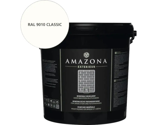 Amazona Exterieur minerale gevelverf RAL 9010 Classic, 10 liter emmer verf voor baksteen en stucwerk.