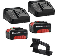 Einhell Power X-Change starterset met twee 4,0 Ampère-uur accu's, twee laders en een kunststof houder.