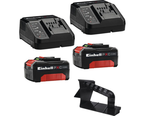 Einhell Power X-Change starterset met twee 4,0 Ampère-uur accu's, twee laders en een kunststof houder.