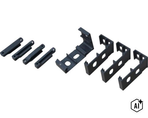 Set van vier metalen beugels en vier bijbehorende klemplaten voor montage (Image AI modified or generated)
