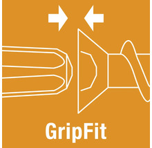 Symbool voor GripFit, dat de optimale pasvorm en stevige grip tussen schroefbit en schroefkop aangeeft.