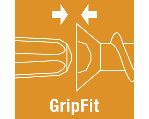 Symbool voor GripFit, dat de optimale pasvorm en stevige grip tussen schroefbit en schroefkop aangeeft.