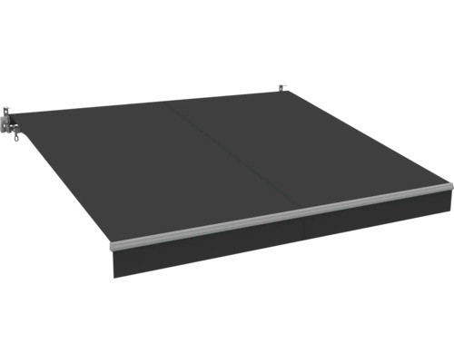 Uitgeschoven knikarmscherm met montagemateriaal en metalen uitvalprofiel voor zonwering aan muur of plafond