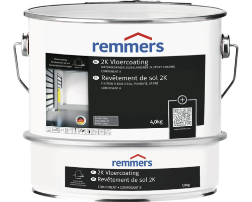 Remmers 2K vloercoating op waterbasis in basaltgrijs met 5 kilogram totale inhoud in twee blikken