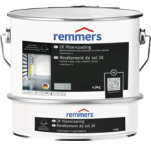 Remmers 2K vloercoating component A en B, watergedragen epoxyhars verf in zilvergrijs, 5 kilogram verpakking.