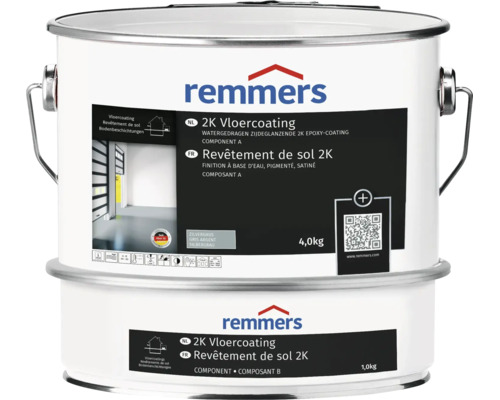 Remmers 2K vloercoating component A en B, watergedragen epoxyhars verf in zilvergrijs, 5 kilogram verpakking.