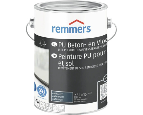 Remmers PU Beton- en Vloerverf in Antraciet, 2,5 liter verpakking voor betonvloeren, Blauer Engel gecertificeerd.
