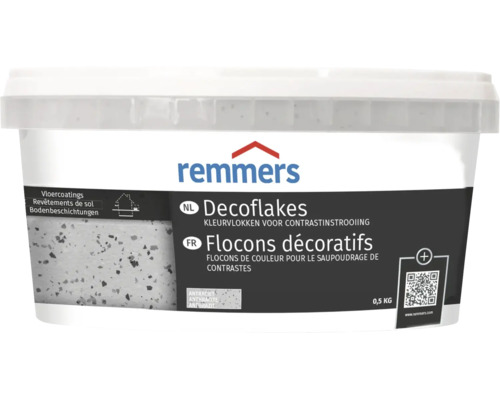 Remmers Decoflakes kleurvlokken voor vloercoatings, verpakking van 0,5 kilogram.