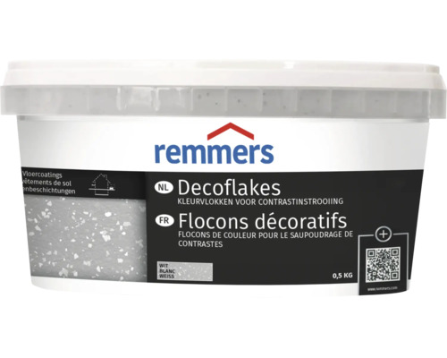 Remmers Decoflakes kleurvlokken voor vloercoatings in een emmer van 0,5 kilogram.