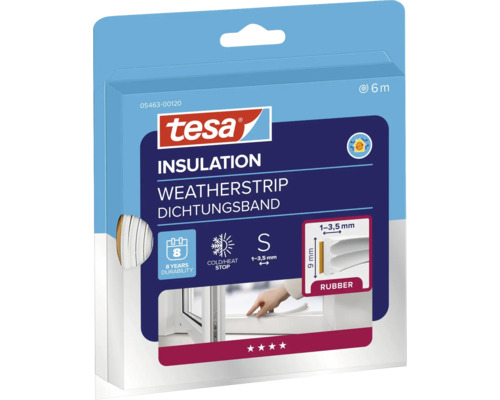 Tesa rubberen afdichtingsstrip voor ramen en deuren, 6 meter lang voor spleetbreedtes van 1 tot 3,5 millimeter, zelfklevend en duurzaam.