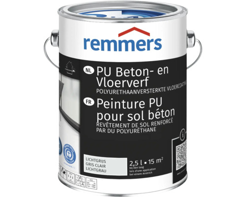 Remmers PU Beton- en vloerverf in een blik van 2,5 liter voor het coaten van betonnen vloeren voor een oppervlak van 15 vierkante meter.