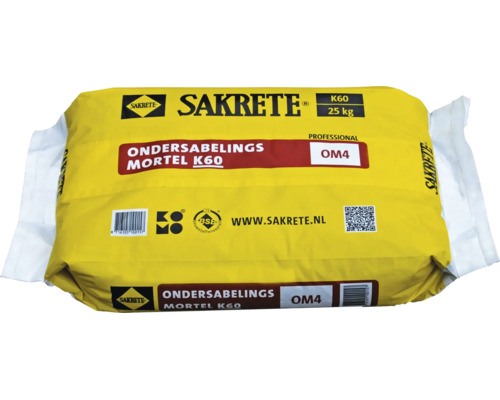 Een zak Sakrete ondersabelingsmortel K60 met 25 kilogram inhoud voor professioneel gebruik.