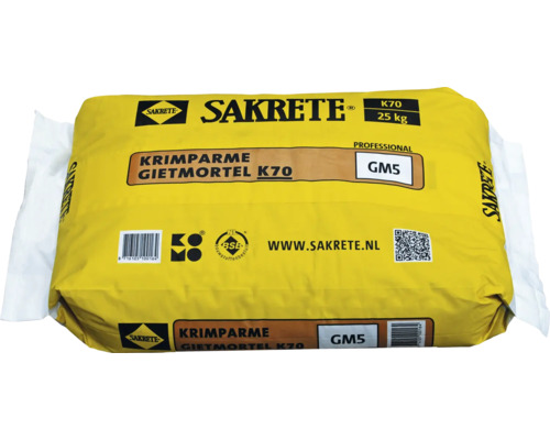 Een zak van 25 kilogram Sakrete K70 krimparme gietmortel GM5.