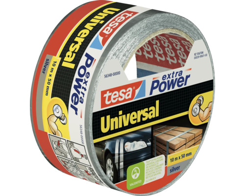 Tesa Extra Power Universal reparatietape in zilver, rol met 10 meter lengte en 50 millimeter breedte voor reparaties en bevestigingen.