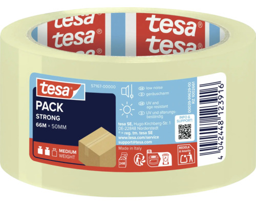 Een rol Tesa Pack Strong verpakkingstape, 66 meter lang en 50 millimeter breed, geschikt voor middelzware pakketten.