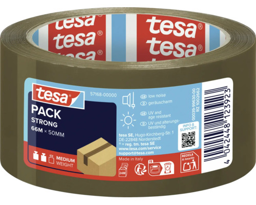 Een rol tesa Pack Strong verpakkingstape met een lengte van 66 meter en een breedte van 50 millimeter voor middelzware pakketten.