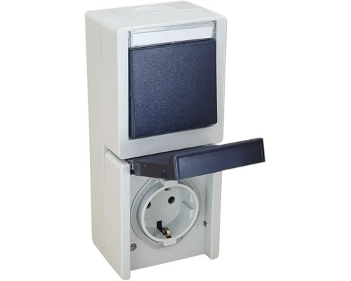 Combinatie van spatwaterdichte schakelaar en wandcontactdoos voor opbouwmontage.