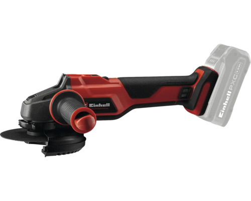 Einhell accu haakse slijper met extra handgreep en geplaatste Power X Change accu.