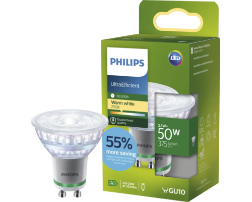 Philips LED lamp GU10 2,1 Watt, warm wit 2700 Kelvin, UltraEfficient voor energiezuinige verlichting in de productverpakking.