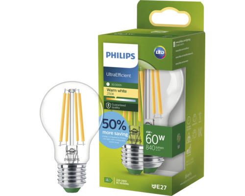 Philips ledlamp E27, 4 watt, 840 lumen, warmwitte lichtkleur 2700 Kelvin, dimbaar, energiezuinig, in de verpakking.
