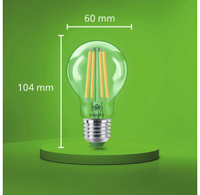 Philips LED filament lamp met E27 fitting, 60 millimeter diameter en 104 millimeter totale hoogte.