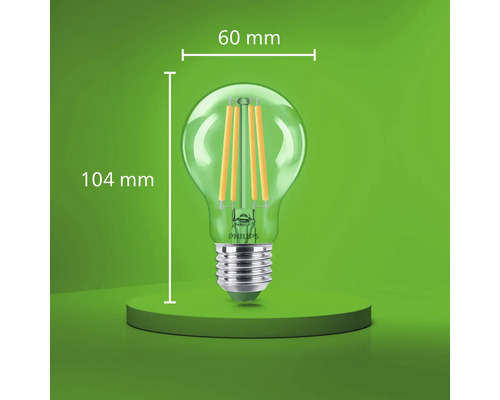 Philips LED filament lamp met E27 fitting, 60 millimeter diameter en 104 millimeter totale hoogte.