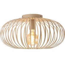 Moderne plafondlamp met ovaal metalen mandontwerp en lichtbron in gloeilampstijl.