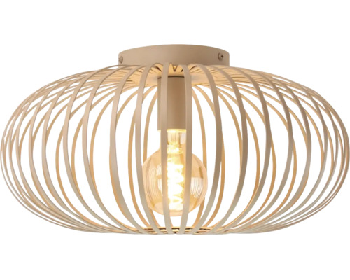 Moderne plafondlamp met ovaal metalen mandontwerp en lichtbron in gloeilampstijl.