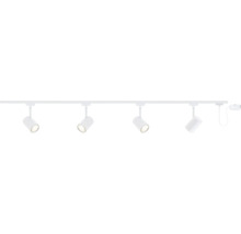 LED railverlichtingssysteem met vier verstelbare spots in een lineaire opstelling.