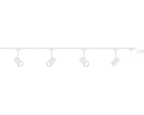 LED railverlichtingssysteem met vier verstelbare spots in een lineaire opstelling.