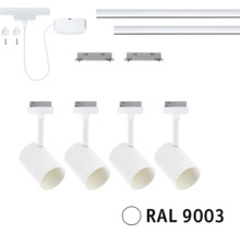 Set met 1-fase railsysteem, twee stroomrails, vier spots en montagetoebehoren in signaalwit RAL 9003 voor plafondverlichting.