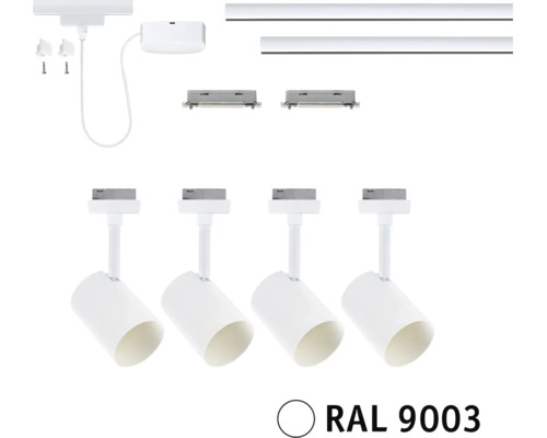 Set met 1-fase railsysteem, twee stroomrails, vier spots en montagetoebehoren in signaalwit RAL 9003 voor plafondverlichting.