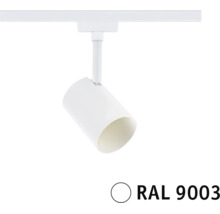 Een enkele railspot voor plafondmontage in signaalwit RAL 9003 voor een railsysteem voor flexibele verlichting.
