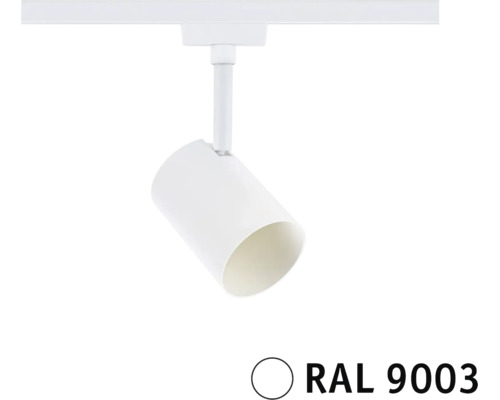 Een enkele railspot voor plafondmontage in signaalwit RAL 9003 voor een railsysteem voor flexibele verlichting.