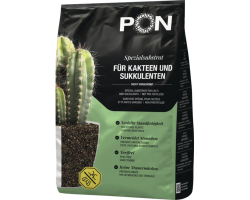 PON speciaal substraat voor cactussen en vetplanten, veenvrij, niet voorbemest, voorkomt wateroverlast en varenrouwmuggen.
