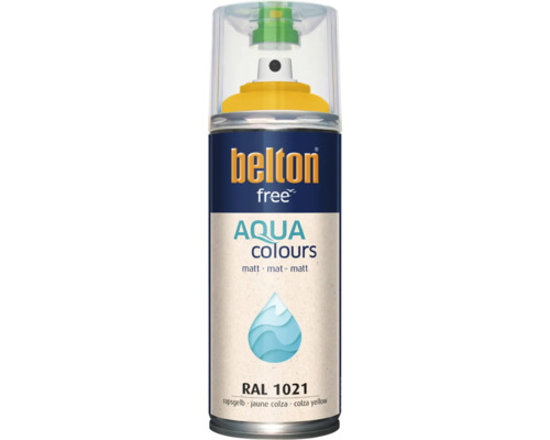 Belton Free Aqua Colours spuitlak in rapsgeel RAL 1021, matte verf op waterbasis voor diverse ondergronden.