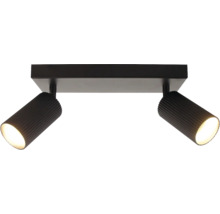 Plafondspot met twee lichtpunten en geribbelde lampkoppen voor directe verlichting.