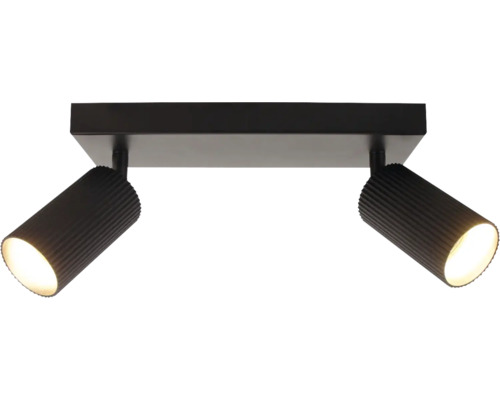 Plafondspot met twee lichtpunten en geribbelde lampkoppen voor directe verlichting.