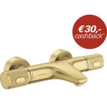 Grohe thermostaatkraan voor wandmontage met grepen in gekartelde uitvoering en 38 graden veiligheidsblokkering.