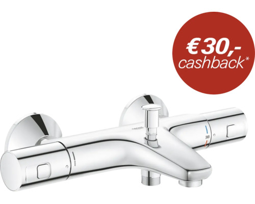 Grohe thermostaatbadkraan van metaal voor wandmontage met omsteller en cashback actie.