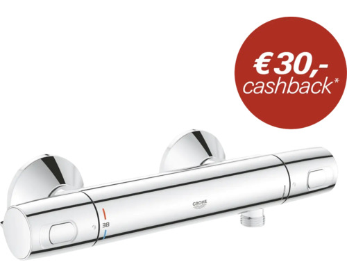 Grohe douchethermostaat met glanzende afwerking voor wandmontage met nauwkeurige temperatuurregeling en veiligheidsstop.