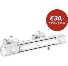 Grohe thermostatische douchekraan voor wandmontage met temperatuurblokkering op 38 graden en cashback aanbieding.