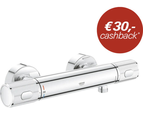 Grohe thermostatische douchekraan voor wandmontage met temperatuurblokkering op 38 graden en cashback aanbieding.