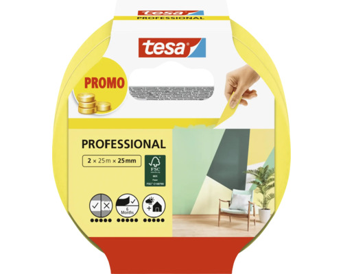 Tesa Professional afplakband verpakking met twee rollen van elk 25 meter lang en 25 millimeter breed inclusief FSC certificaat