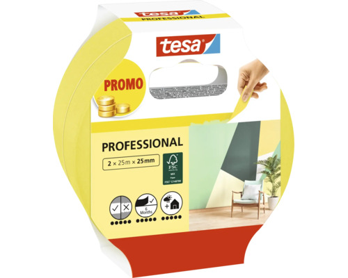 Tesa Professional afplaktape in voordeelverpakking met 2 rollen van 25 meter lang en 25 millimeter breed voor schilderwerk binnen en buiten