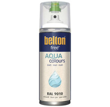 Belton free Aqua Colours spuitlak in puur wit mat RAL 9010, een verfspuitbus op waterbasis.