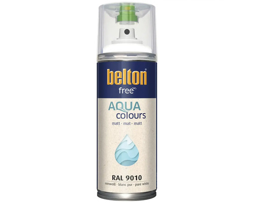 Belton free Aqua Colours spuitlak in puur wit mat RAL 9010, een verfspuitbus op waterbasis.