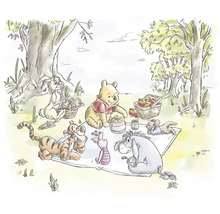 Winnie de Poeh en zijn vrienden tijdens een picknick in het bos in een aquareltekening.
